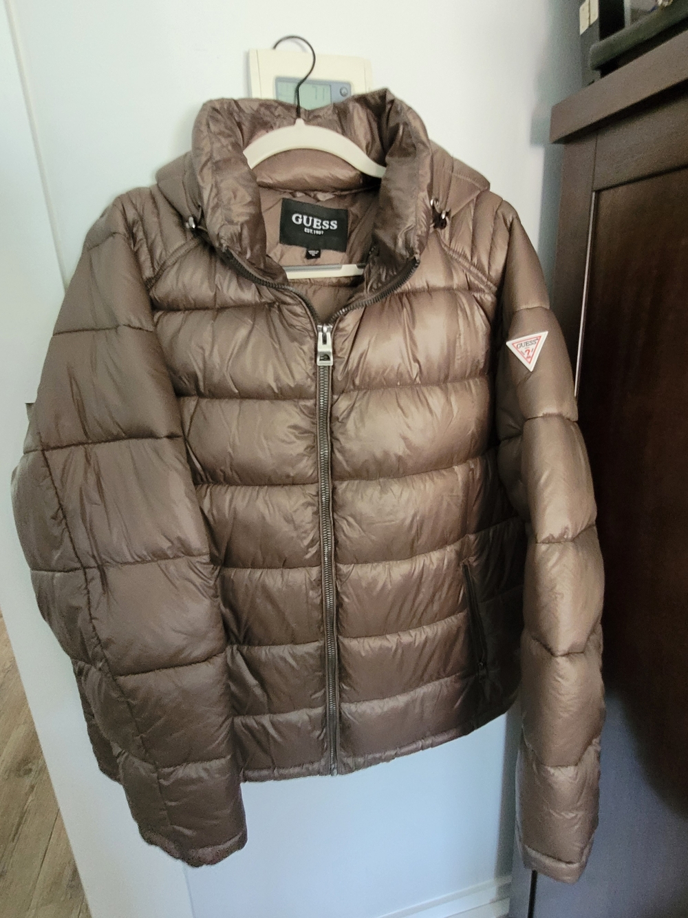 Guess Men's Metallic Brown Quilted Hooded Puffer Jacket